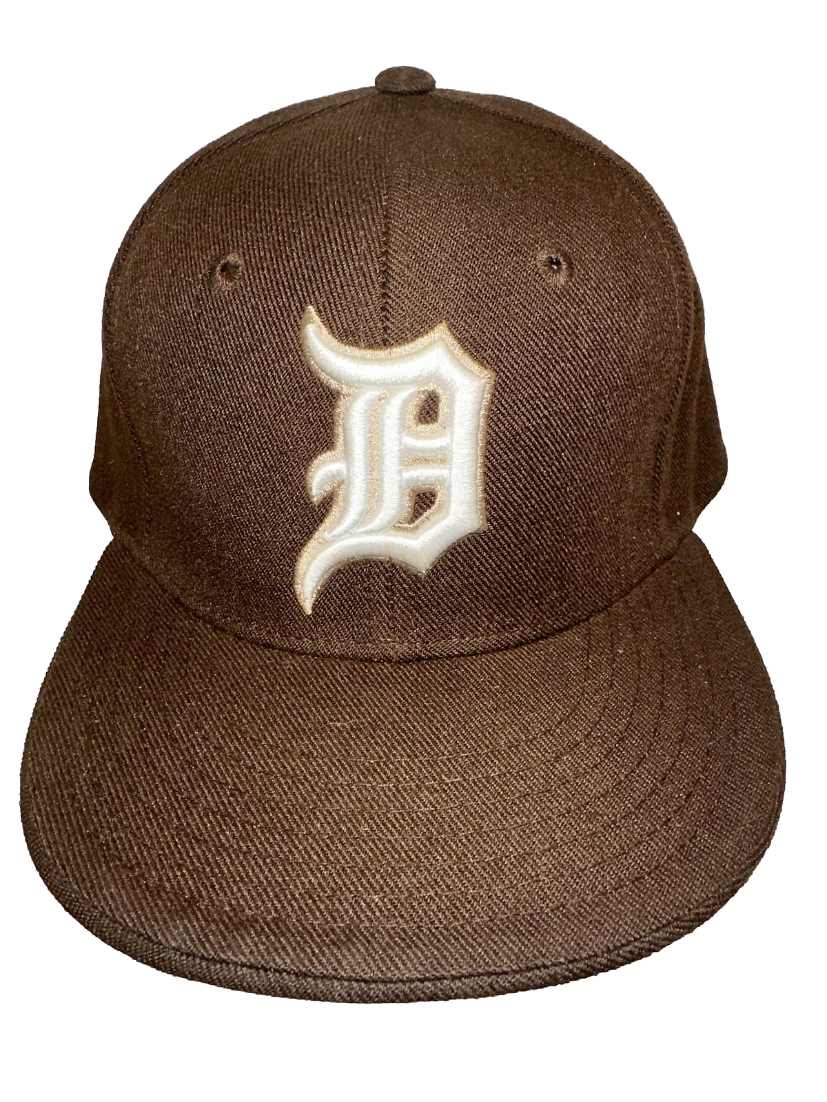 Detroit Script White w Brown Hat Cap Hat CO Premium Fitted 7 1/2
