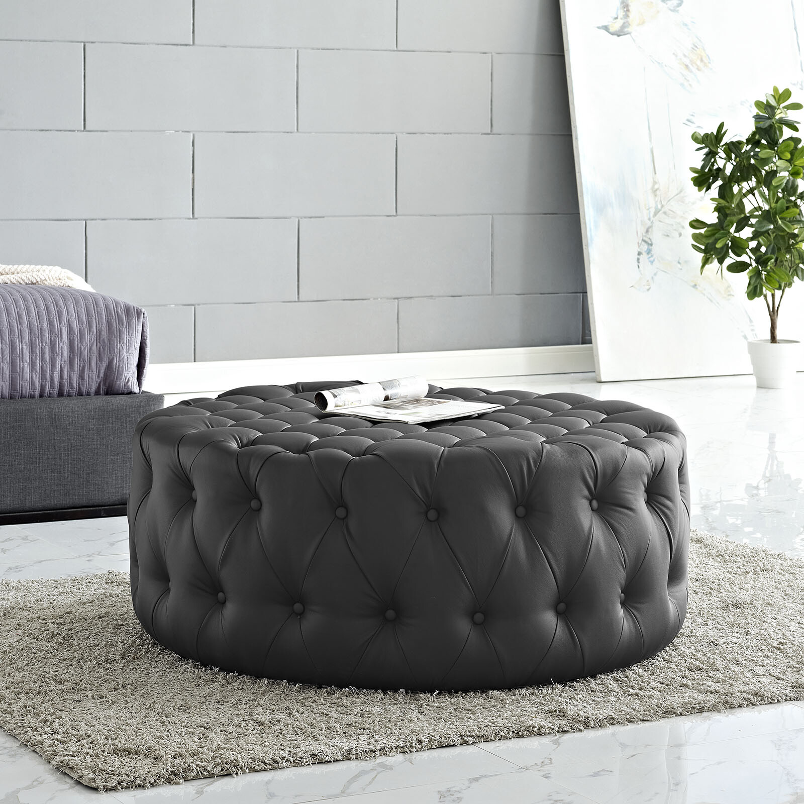 Modway Button-Tufted Faux Leather Upholstered Round Ottoman in Black