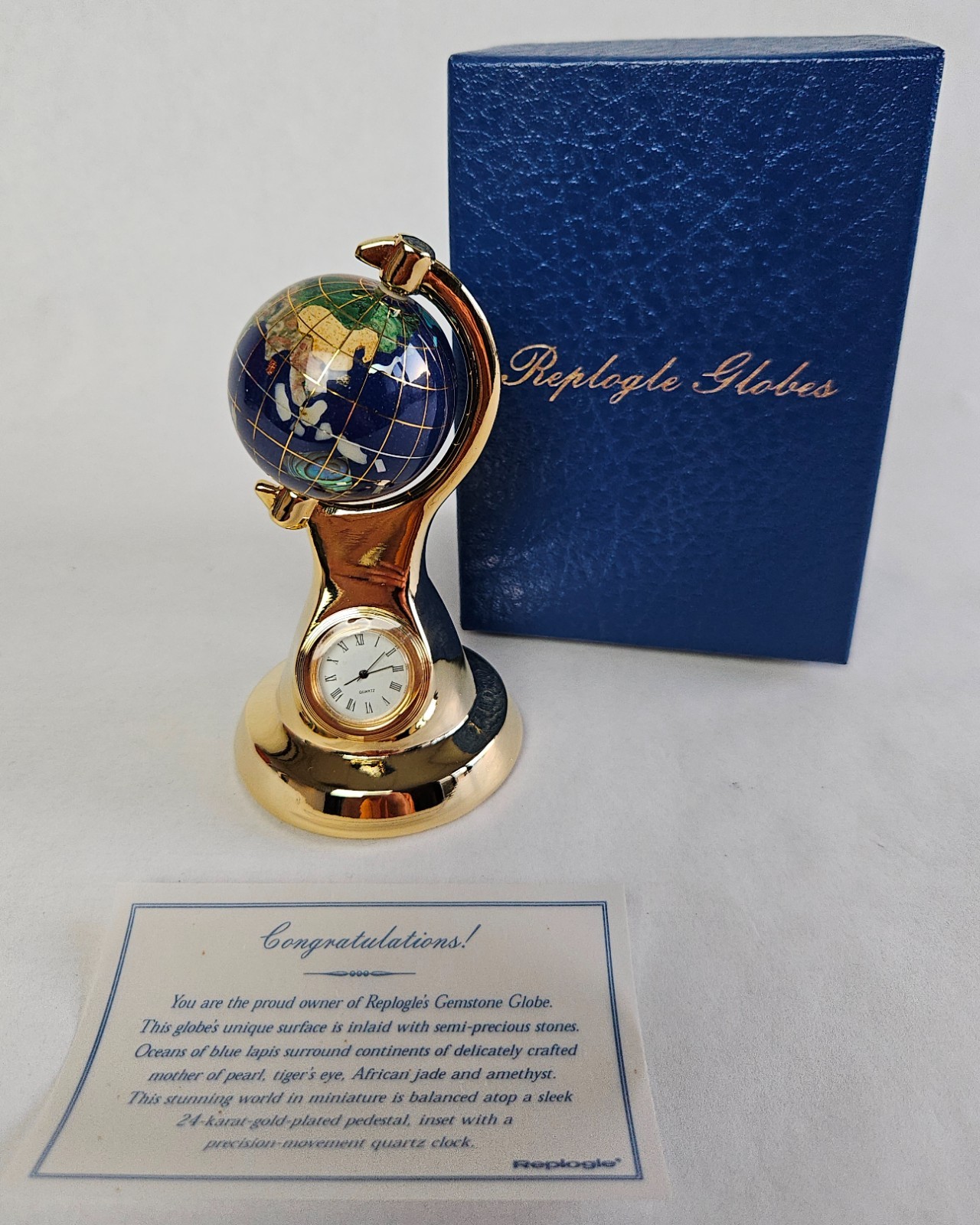 Vtg Replogle Gemstone 5" Globe w/ Quartz Clock - 24K Gold ~ Semi Precious Stones