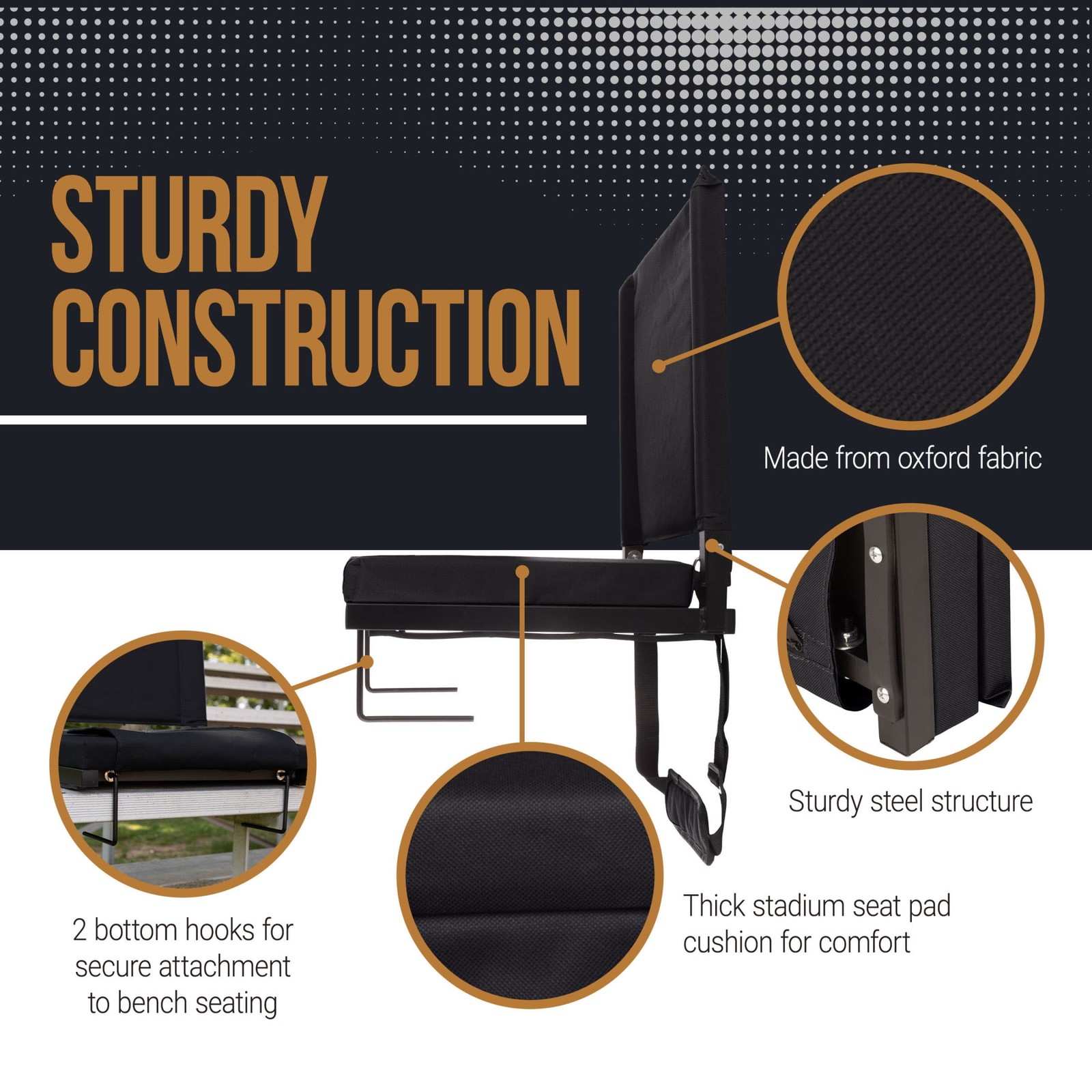 Bleacher Seat - Stadium Seat Cushion with Back Support, Black