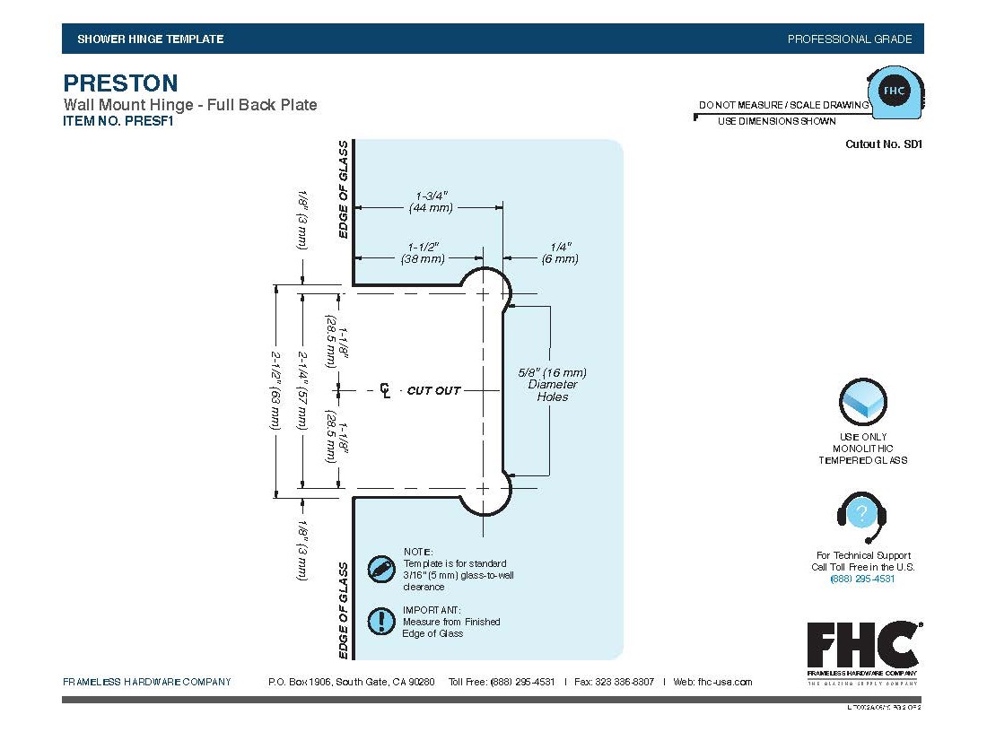 FHC Preston Wall Mount Hinge Full Back Plate Brass Polished Chrome Finish