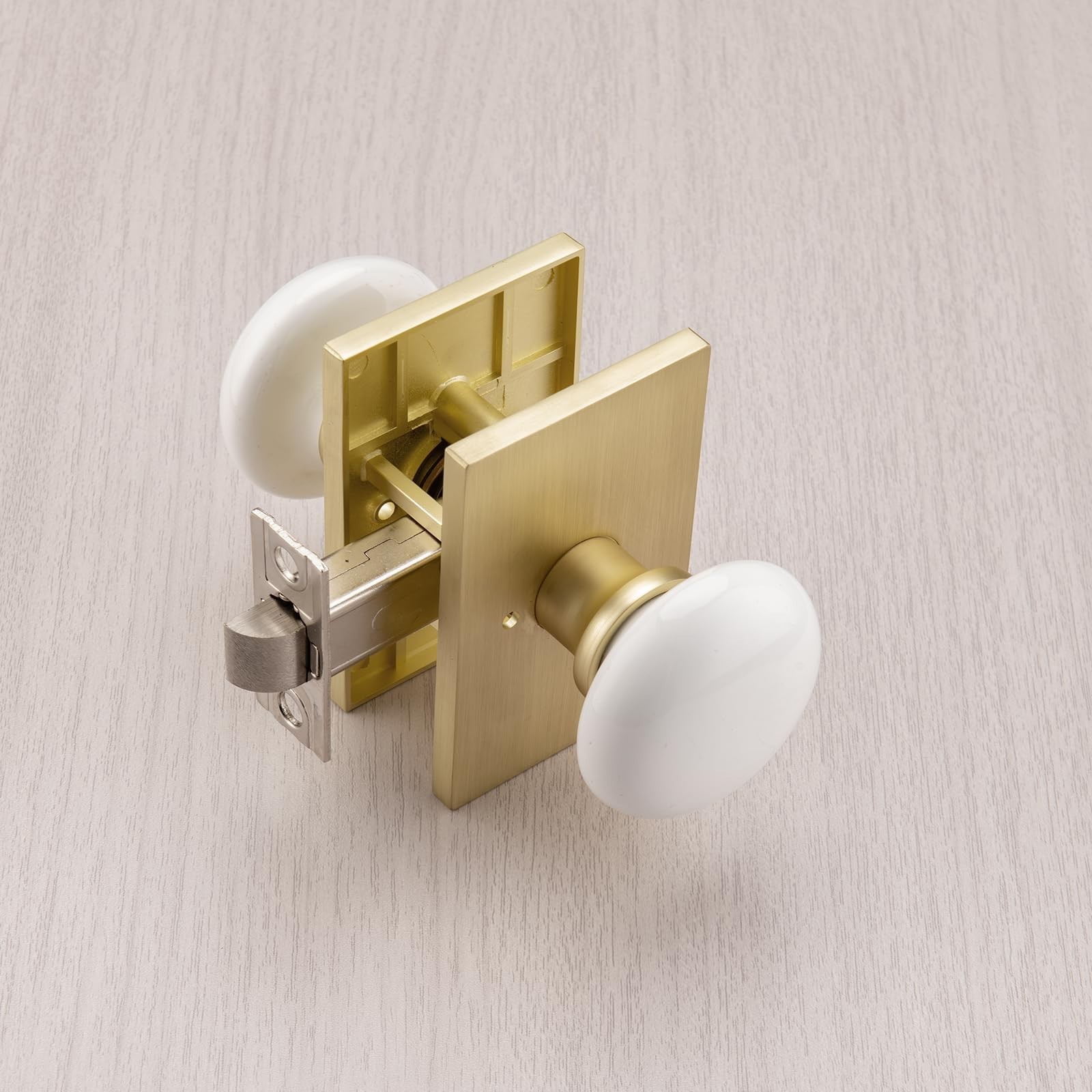 NCL White Door Knob, Satin Brass Porcelain Door Knobs Interior, Rectangle Doo...