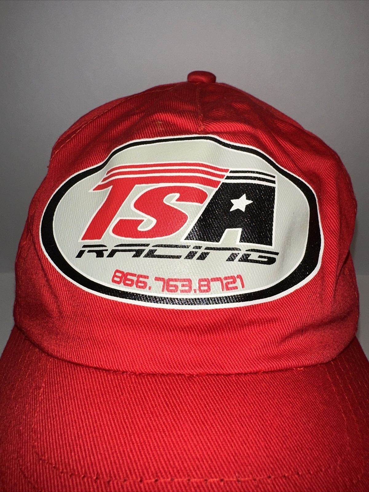TSA Racing Logo Hat Cap Red Screen Print Hook Loop White Bill Edge Hook Loop
