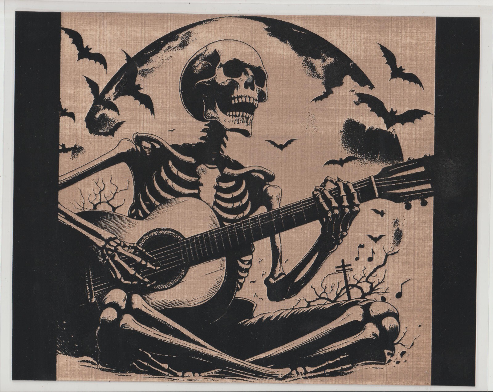Skeleton with Guitar Scratchboard Art 8 x 10