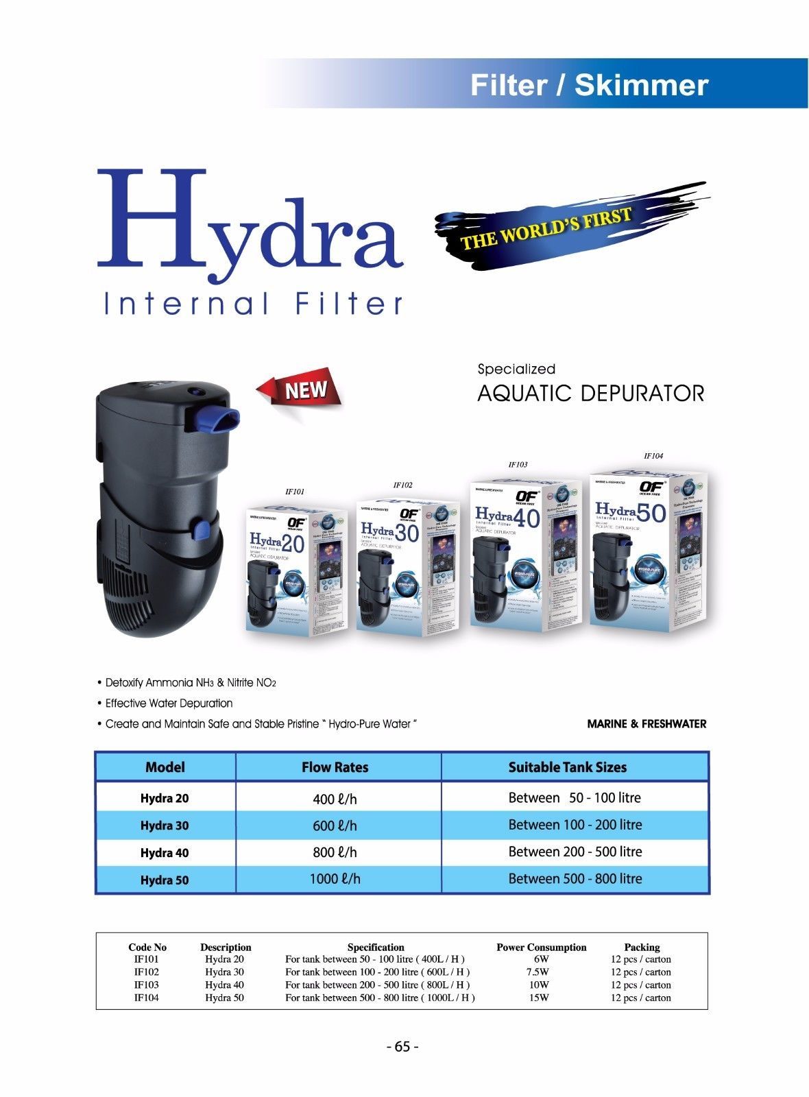 OF OCEAN FREE HYDRA 50 INTERNAL FILTER for 500-800 L (125- 200 Gallon)  AQUARIUM