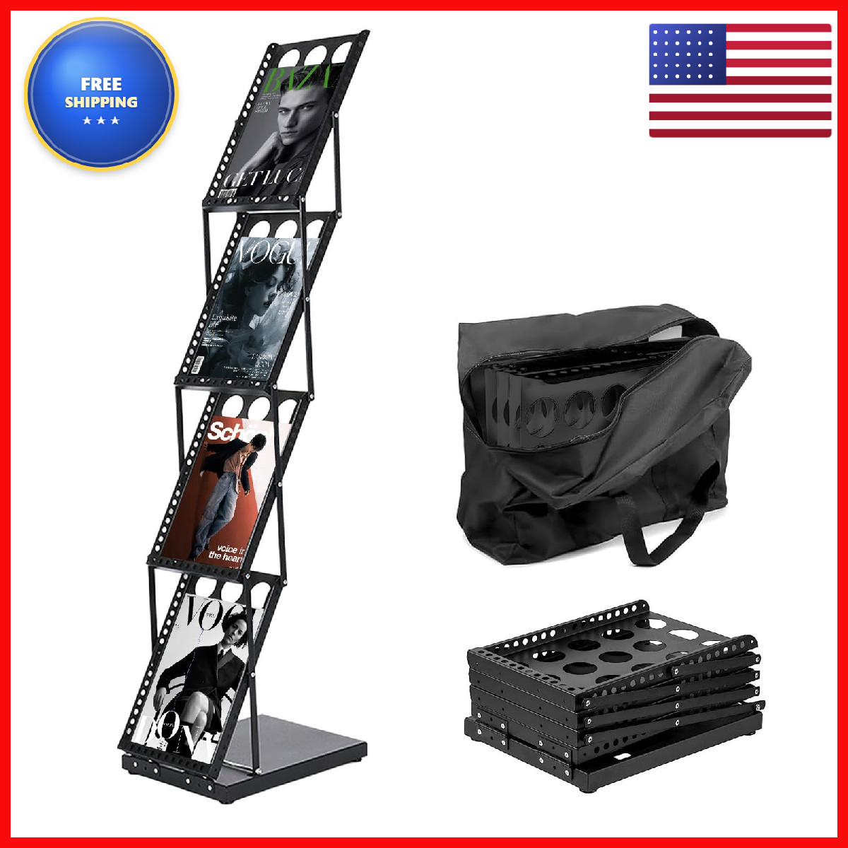 Tharyee Magazine Rack Brochure Display Stand 4 Pocket Foldable Literature