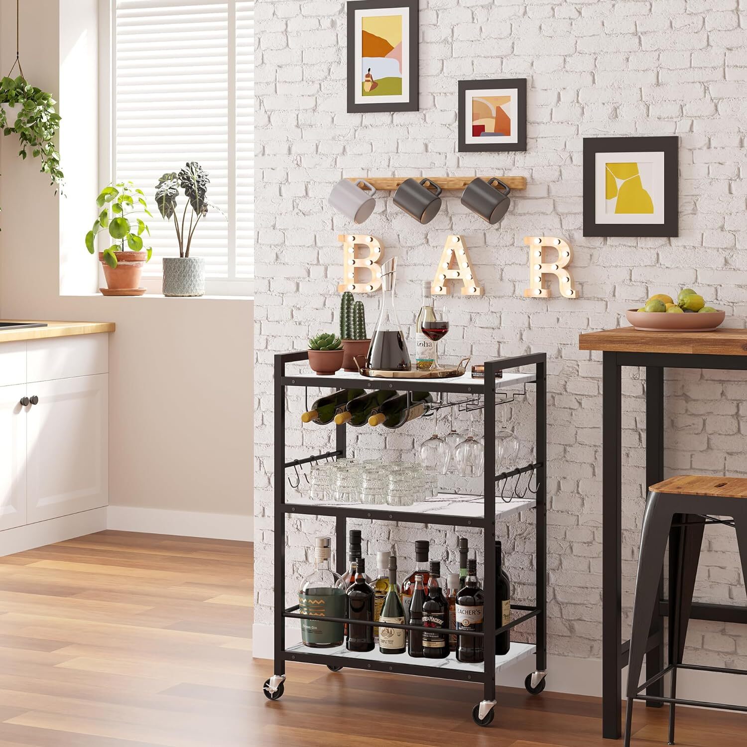 Bar Cart Serving Cart for Home - Rolling Drink Trolley w/ Wine Rack Glass Holder