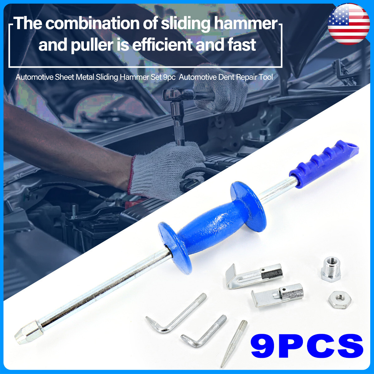 Dent Puller Slide Hammer 5lb Heavy Duty 9pc Set - Car Body Repair Tool