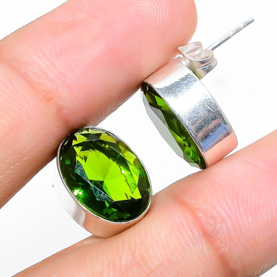 Green Peridot Gemstone Handmade 925 Sterling Silver Jewelry Earring Size 1"