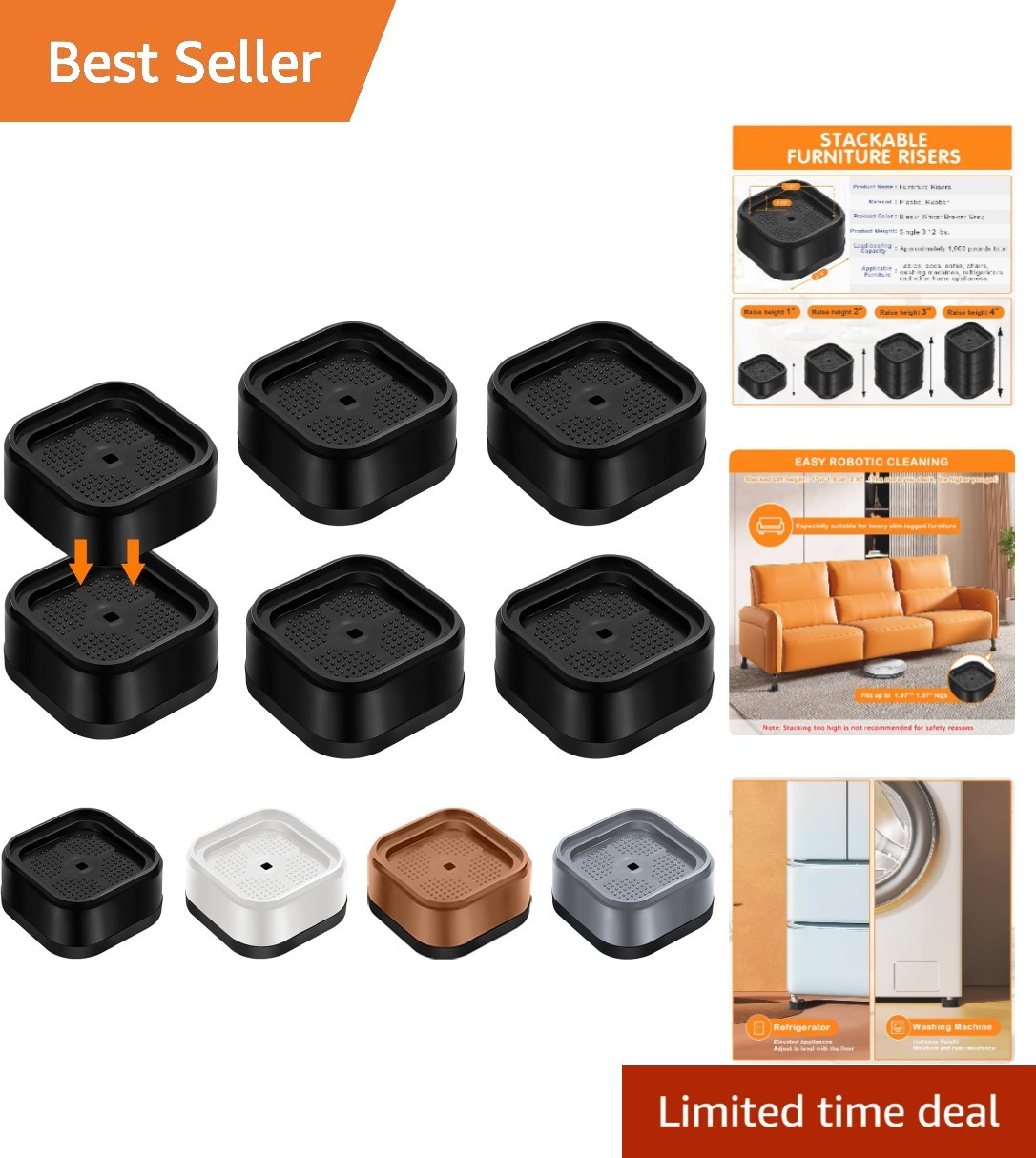 4 Pack Furniture Risers Adjustable Bed Risers Heavy Duty Lifts Height 1", Squ...