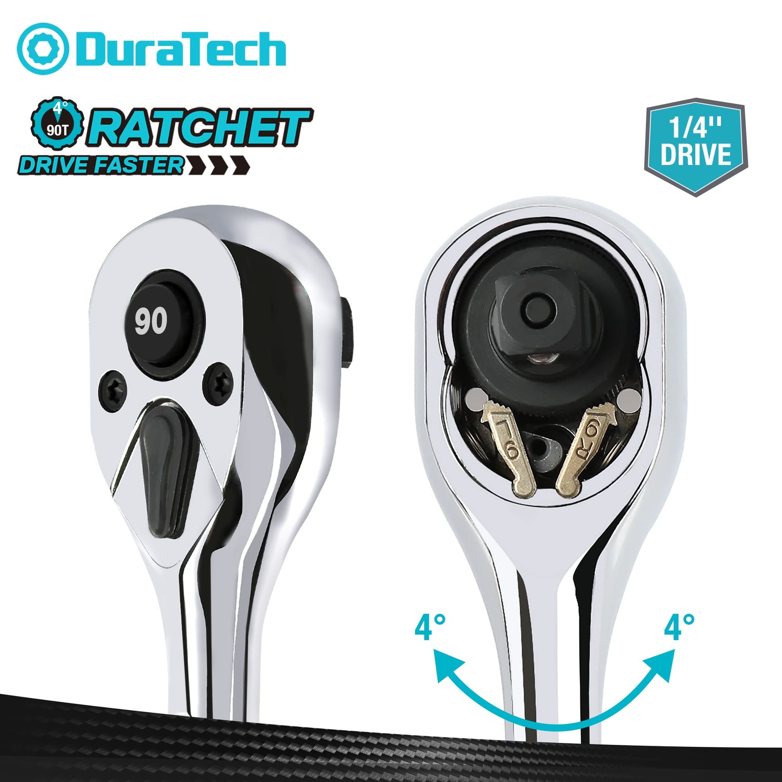 DURATECH 1/4-Inch Drive Ratchet, 90-Tooth Quick-release Ratchet 1/4", Silver