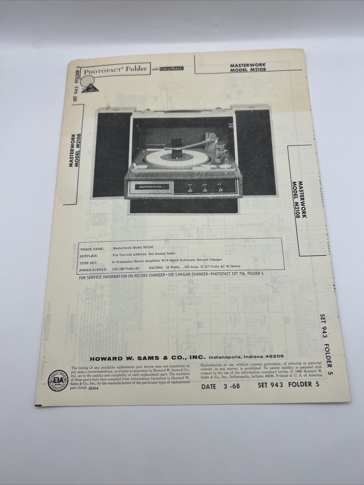 Vintage 1968 SAMS PHOTOFACT Manual Schematic Masterwork M2108 Record Changer Amp