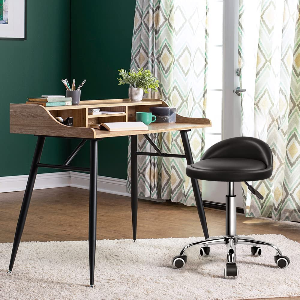 PU Leather round Rolling Stool with Back Rest Height Adjustable Swivel Drafting