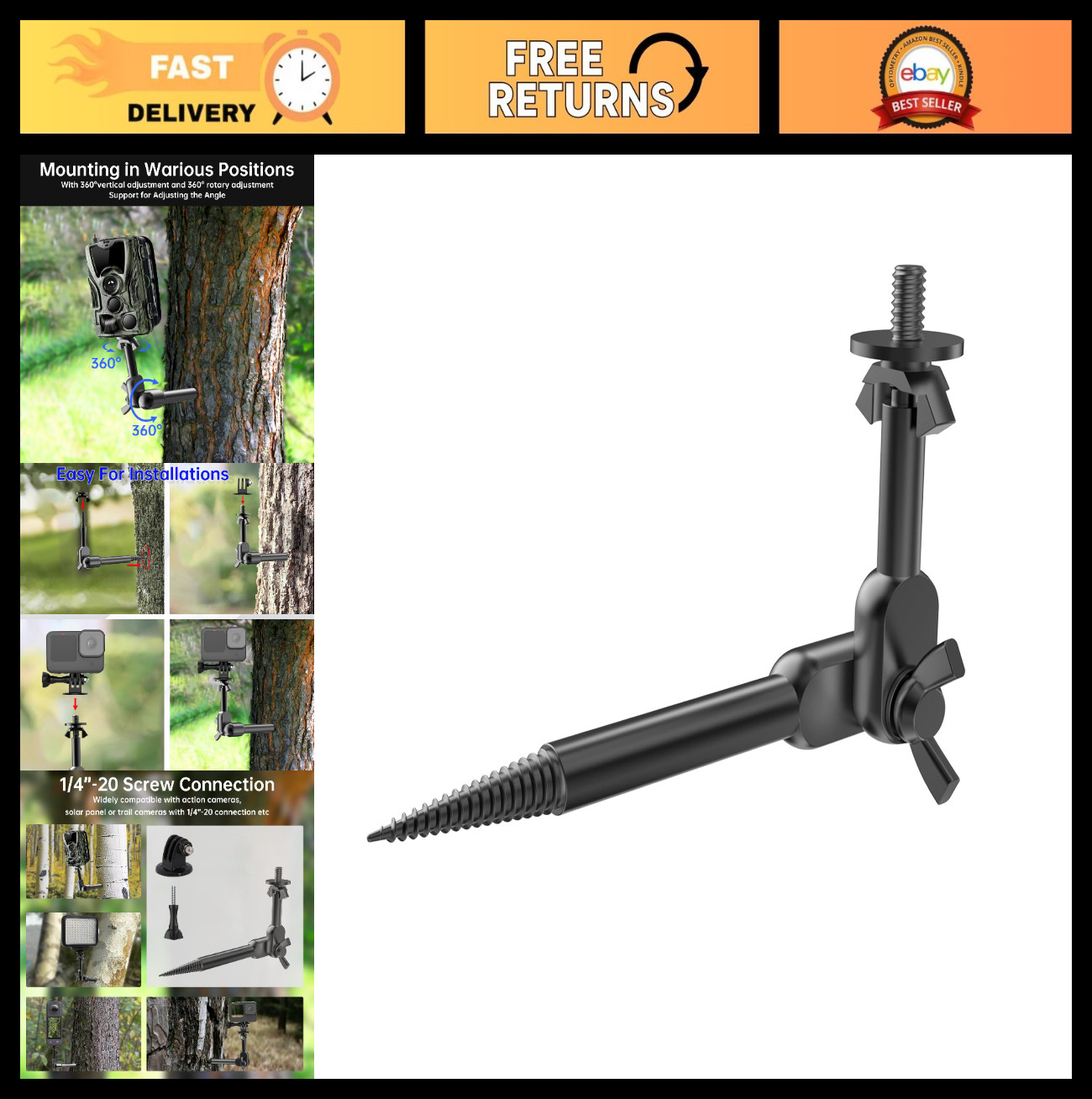 360° Rotatable Trail Camera Mount, Heavy Duty Tree Accessory for Hunting & Binoc
