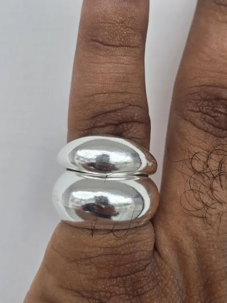 925 Sterling Silver Ring 2 set dome ring Wide Statement Ring Women silver Ring C
