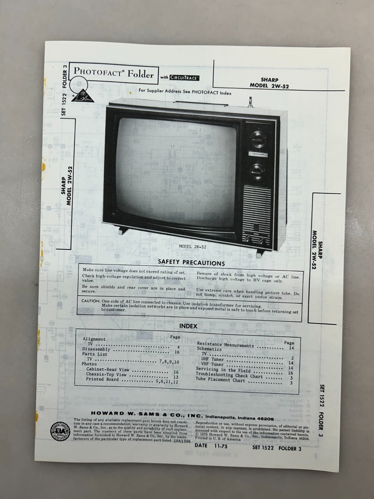 Sharp 2W-52 Service Manual Sams Photofact Free Shipping