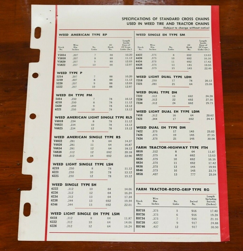 1958 Weed Tire Chains Garage Dealer Specifications Sheet Cross Tire and Tractor