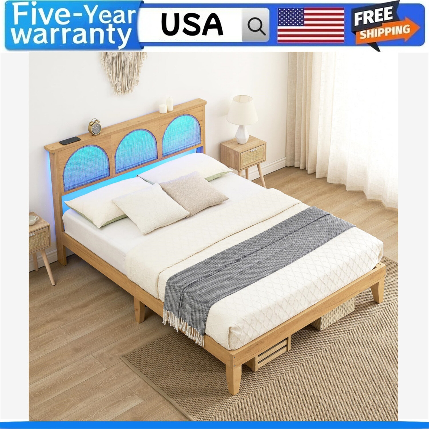Wooden Bed Frame with Headboard and Natural Rattan LED Lights Storage Headboard
