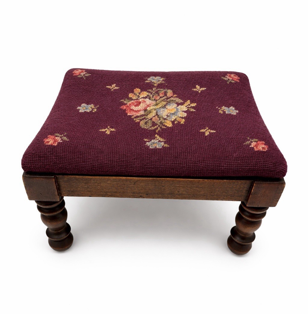 Vintage Needlepoint Footstool French Provincial Burgundy Wool Floral Wood Stool