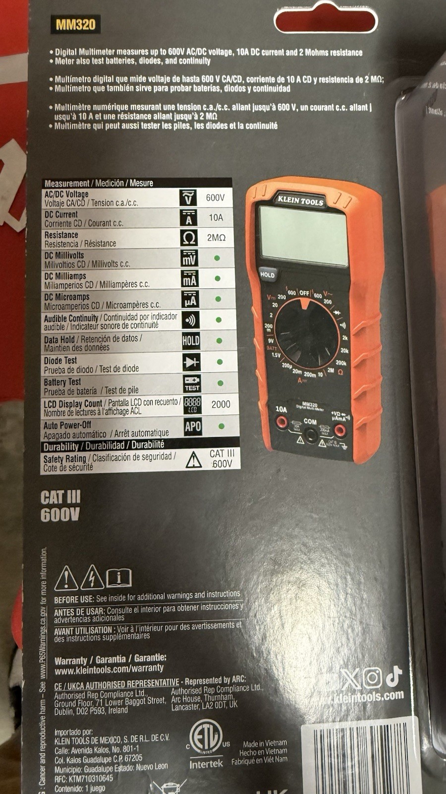 Klein Tools MM320 Electrical Test Kit Digital Display Data Hold Auto Power-Off