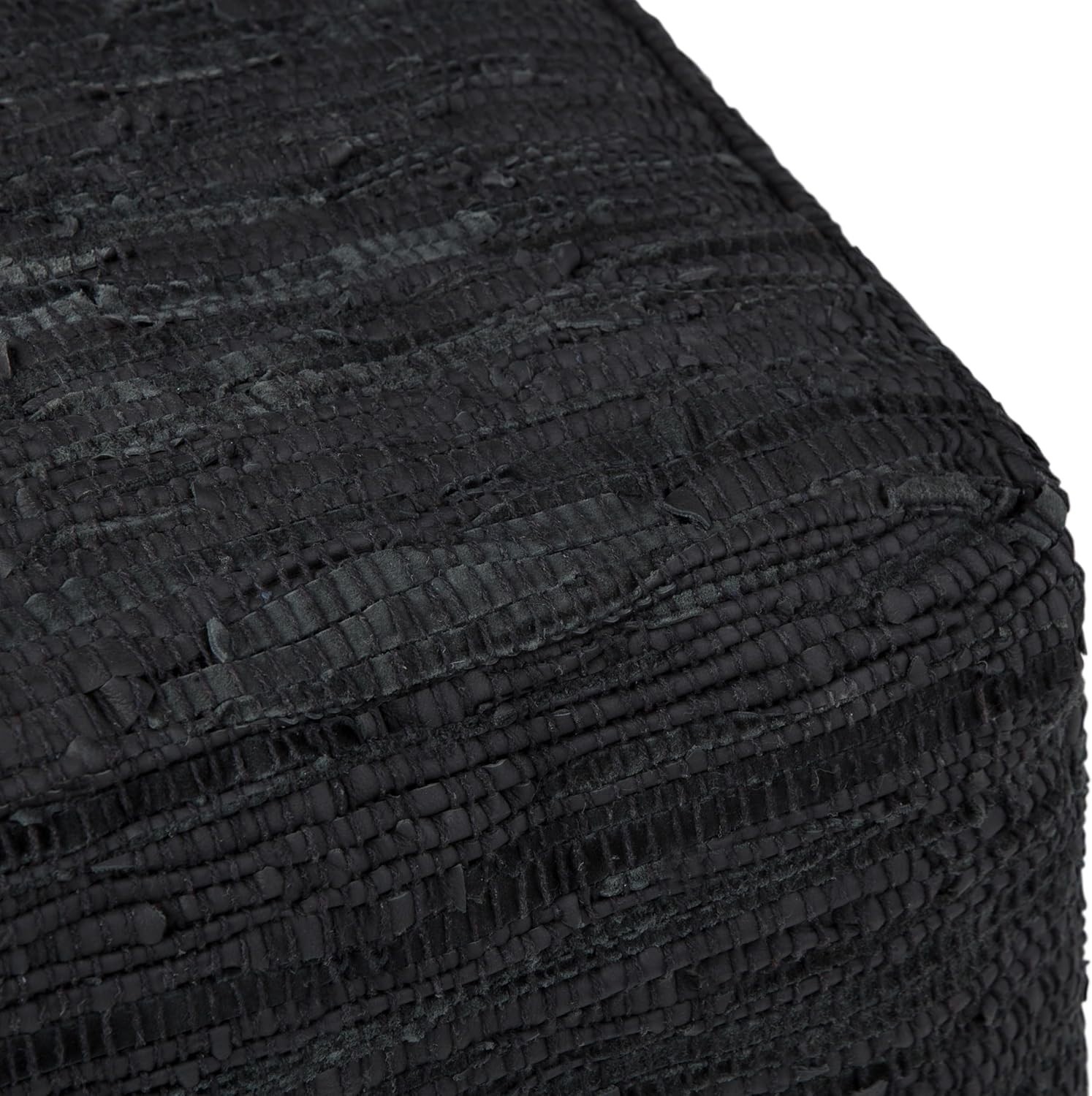 SIMPLIHOME Fredrik Boho Square Pouf in Black Woven Genuine Leather