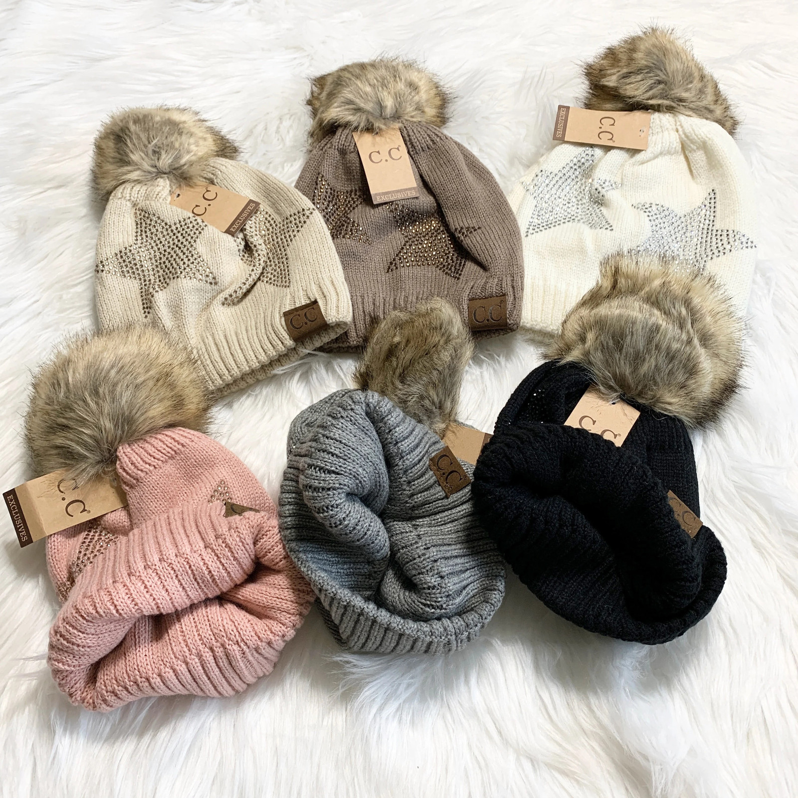 C.C Sparkly Star Pom Beanies Adults, Winter Hats, Premium Hats, Warm Cozy Hats
