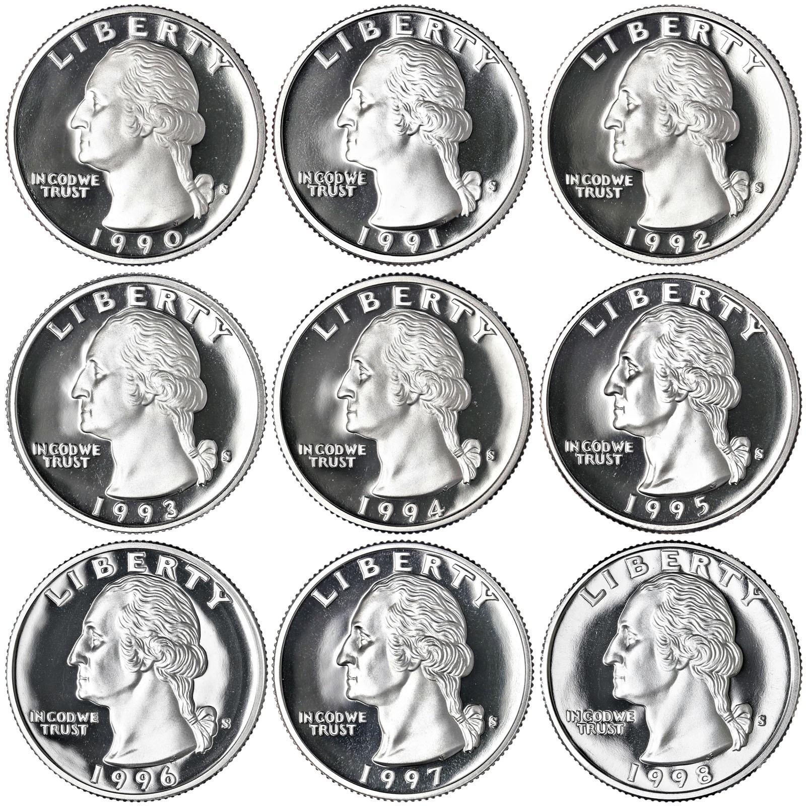 1990-1998 S Washington Quarter Gem DCam Proof Run 9 Coin Set US Mint Lot