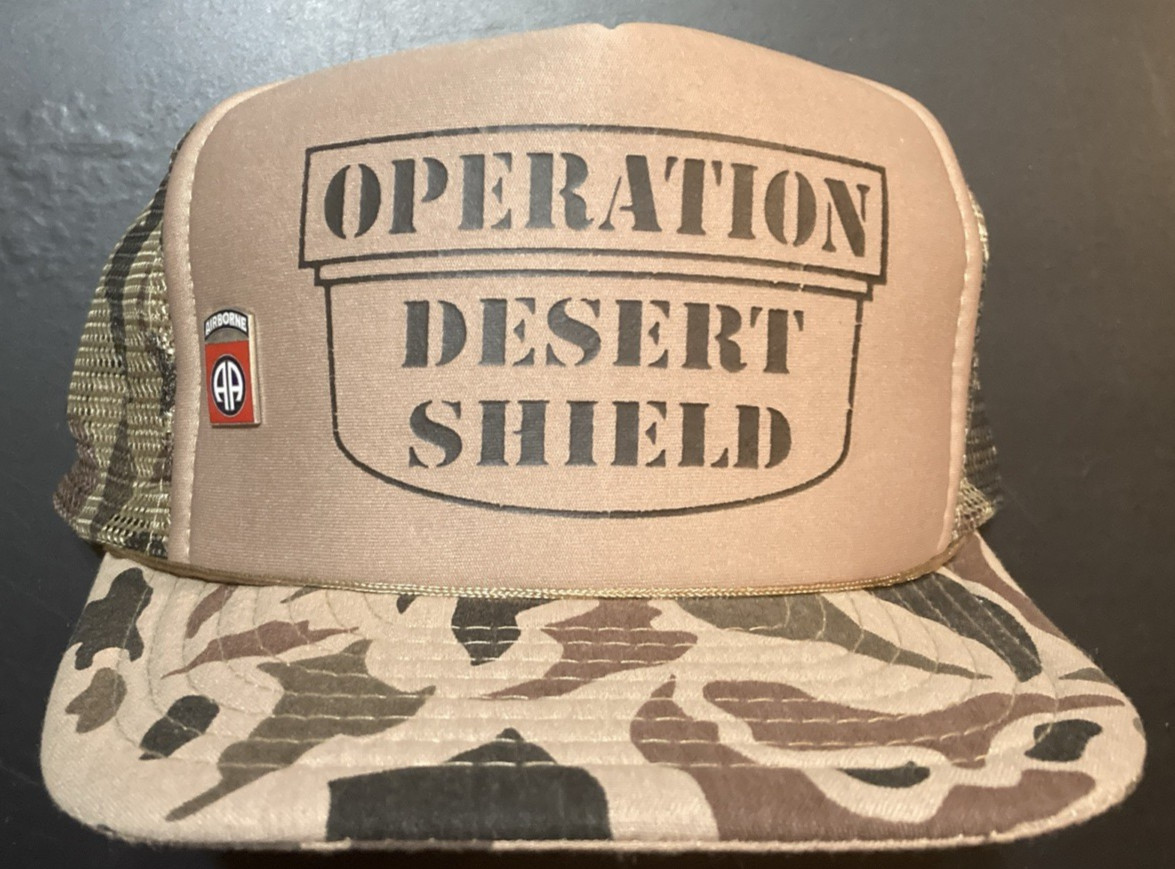 Operation Desert Shield Camo Foam Snapback Hat With Airborne Pin