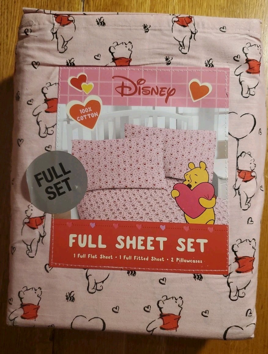 Winnie the Pooh Full Size Valentine's Day Cotton Pink Sheet Set Heart Balloons