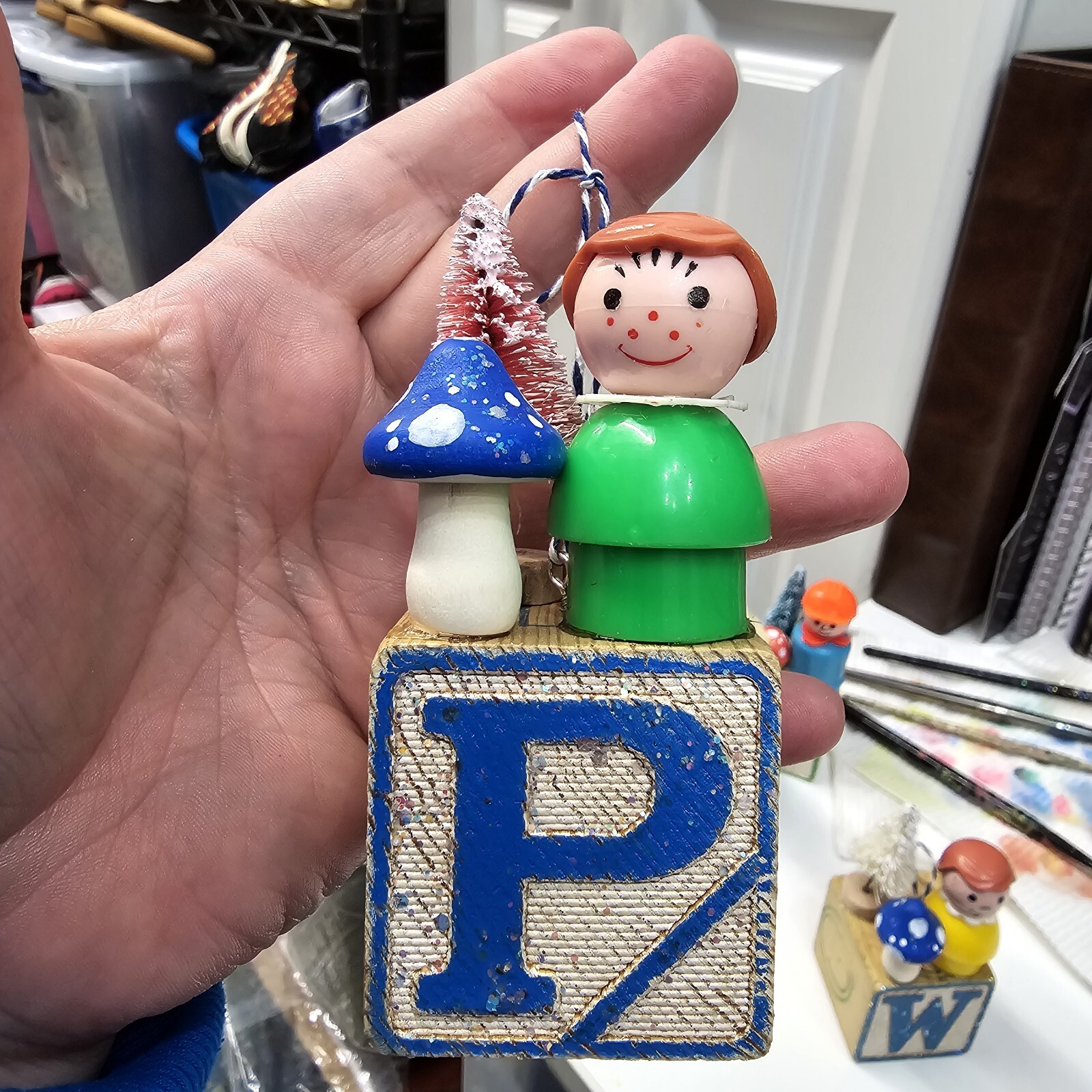 Vintage building block  Fisher Price Little People Christmas Ornament Letter P