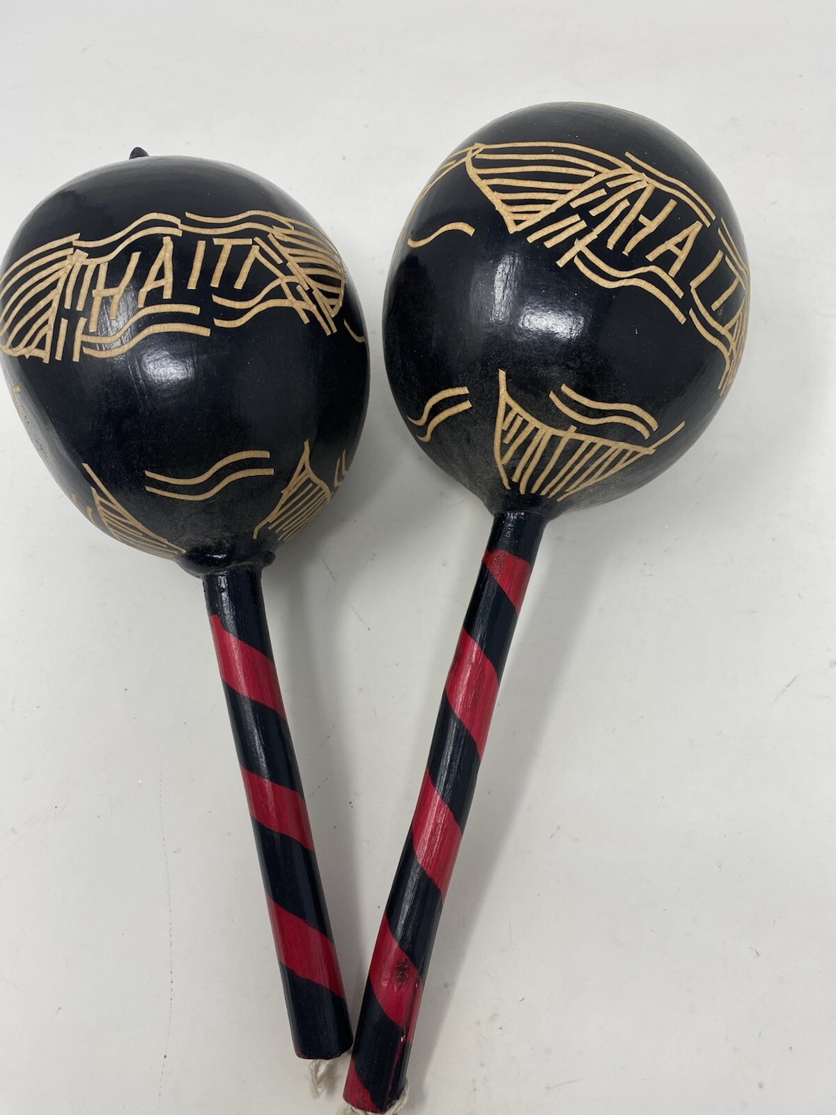 Vintage Pair Haitian Maracas Hand Painted Wood Rumba Shakers Haiti Black Brown