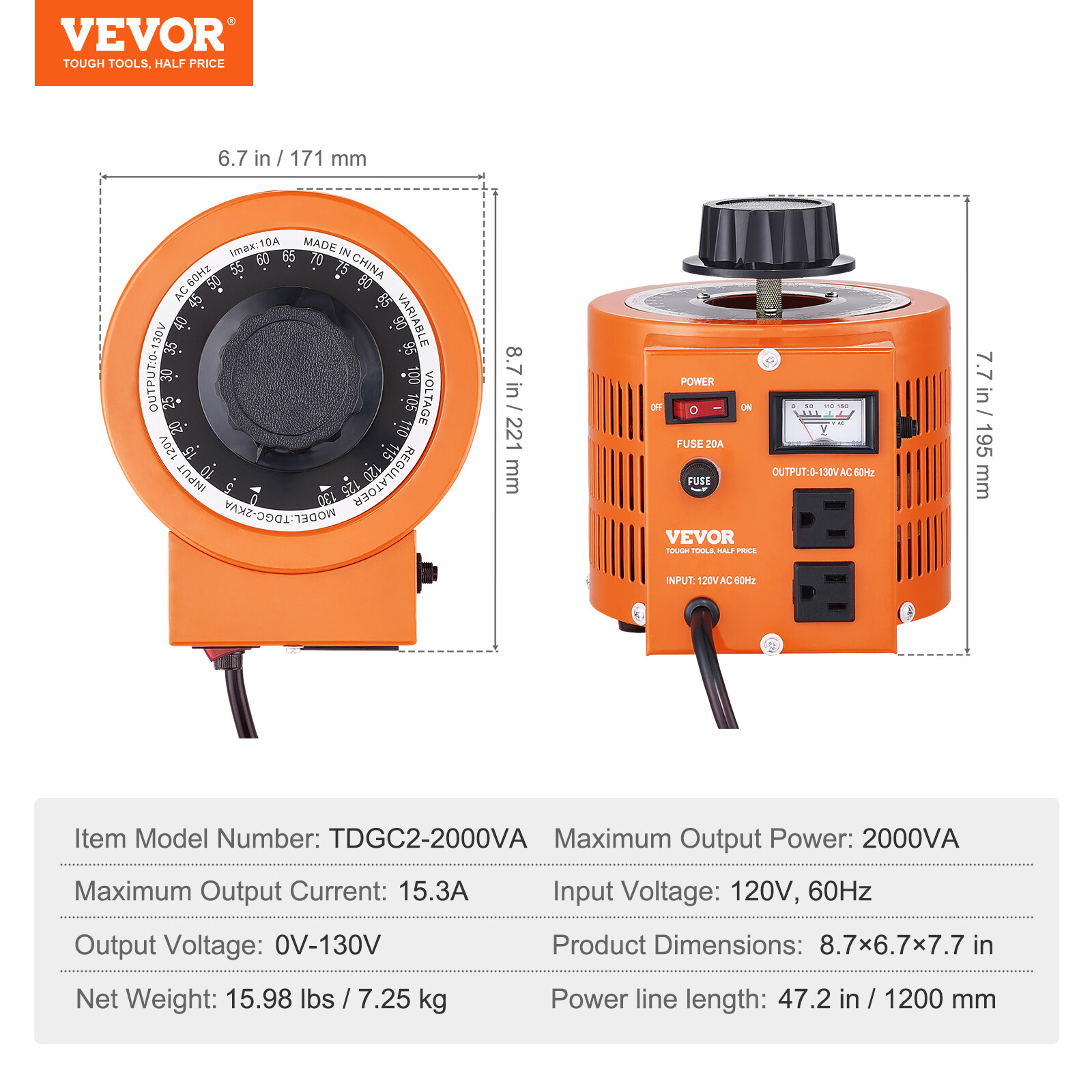 VEVOR 20Amp Variac Transformer Variable AC Voltage Regulator 2000VA 0-130V