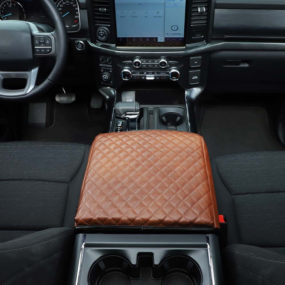 Leather Brown Center Console Armrest Box Pad Cover Protector For Ford F150 2021+
