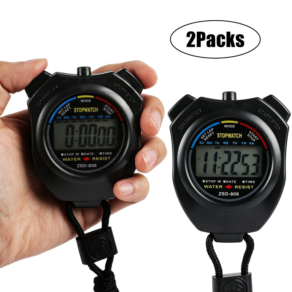 2x Multi-Function Electronic Digital Sport Stopwatch Timer, Large Display & Date