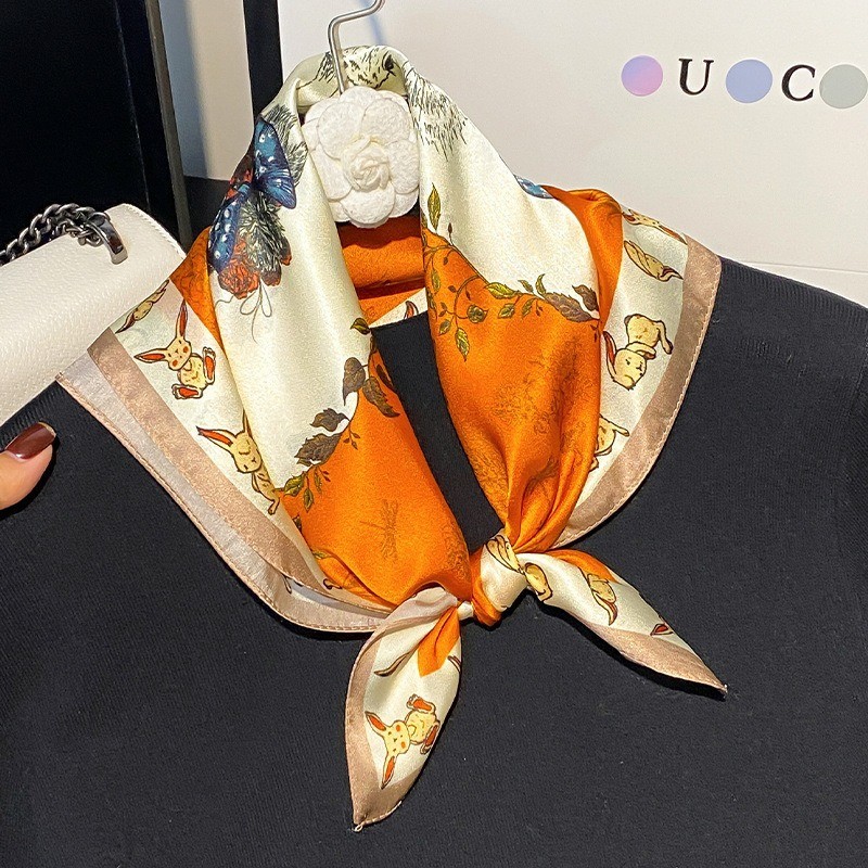 100% Mulberry Silk 21" Square Scarf Women Neckerchief Wrap White Orange Rabbit