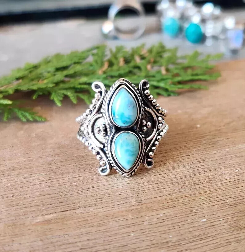 925 Sterling Silver Handmade Larimar Gemstone Statement Ring All Size R215