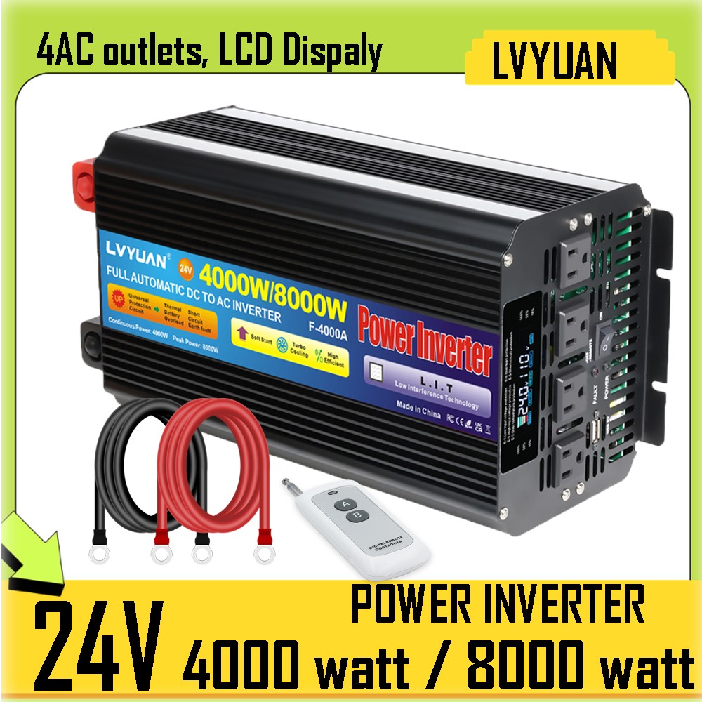 4000W 8000W 24V to 110V Power Inverter 4AC LCD Truck Converter Remote Control