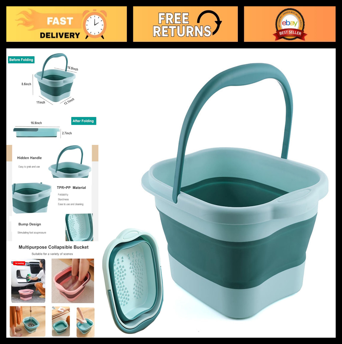 Collapsible 15L Foot Bath Tub with Handle - Spa Soak for Dry Cracked Feet, Massa