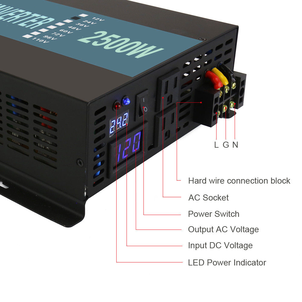 96V to 110V 120V Pure Sine Wave Inverter 2500W Power Supply Battery Motor Solar