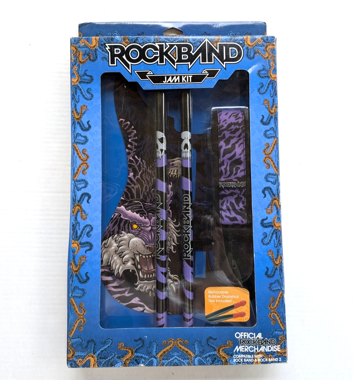 Rock Band Jam Kit New Sealed Black Purple Tiger Drumsticks Guitar Skin Strap