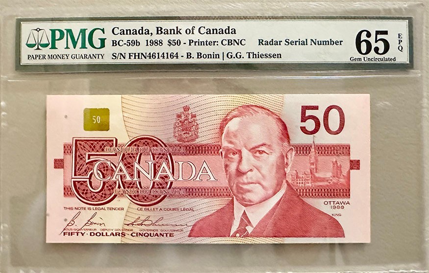 3 DIGIT RADAR Note BC-59b BOC 1988 $50 Bird Series FHN Prefix PMG GEM UNC 65 EPQ