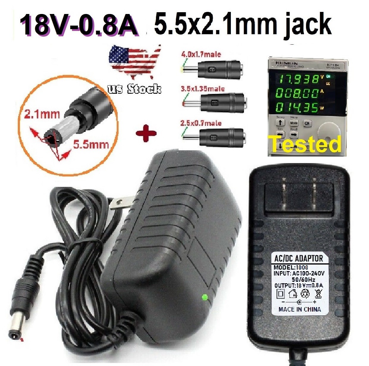 Tested 18V 0.8A AC/DC110-240V Converter Adapter Wall Charger Power Supply+3 Plug