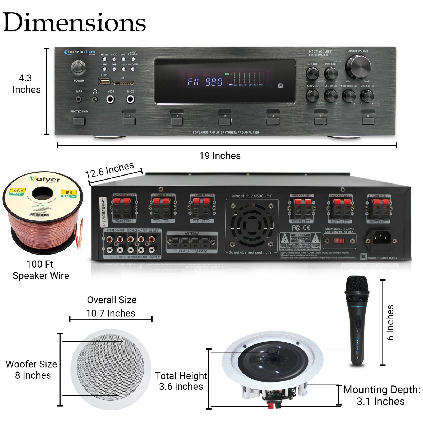 Technical Pro 6 x 8" In-Ceiling Speakers Kit 6000W Bluetooth Amplifier with Mic