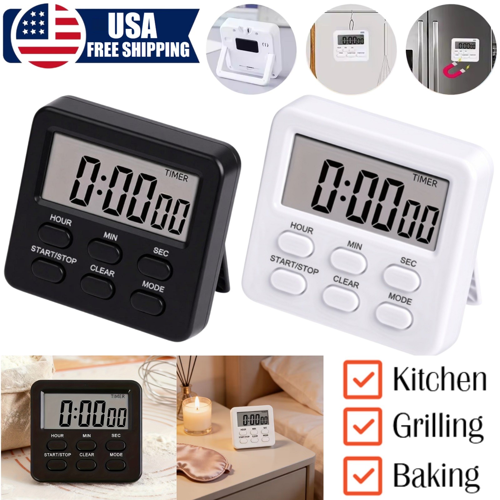 Digital Timer Stopwatch LCD Display Egg Timer Portable Alarm Clock Kitchen Timer