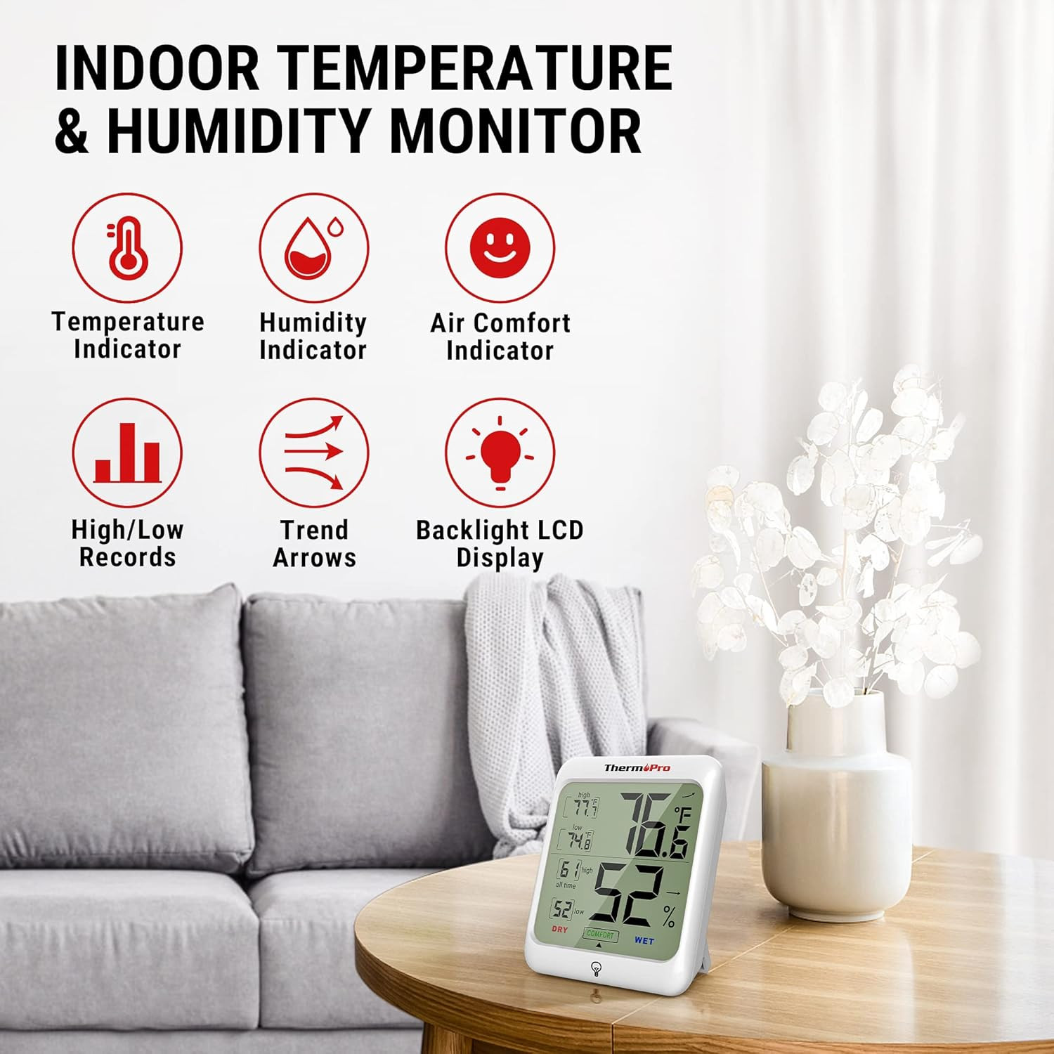 ThermoPro TP53 Digital Hygrometer Indoor Thermometer for Home, White