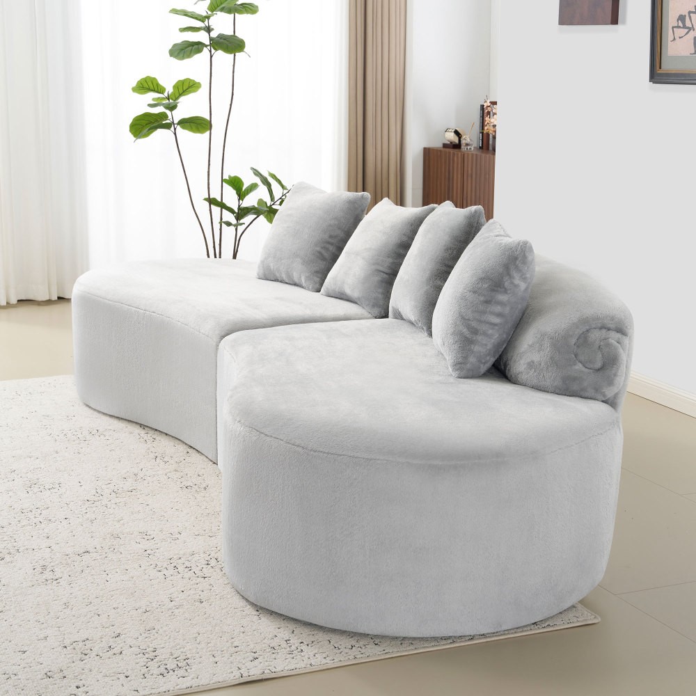 Curved Flannelette Sofa w/ Pillows, Light Gray, 4-Seat Modern Sectional