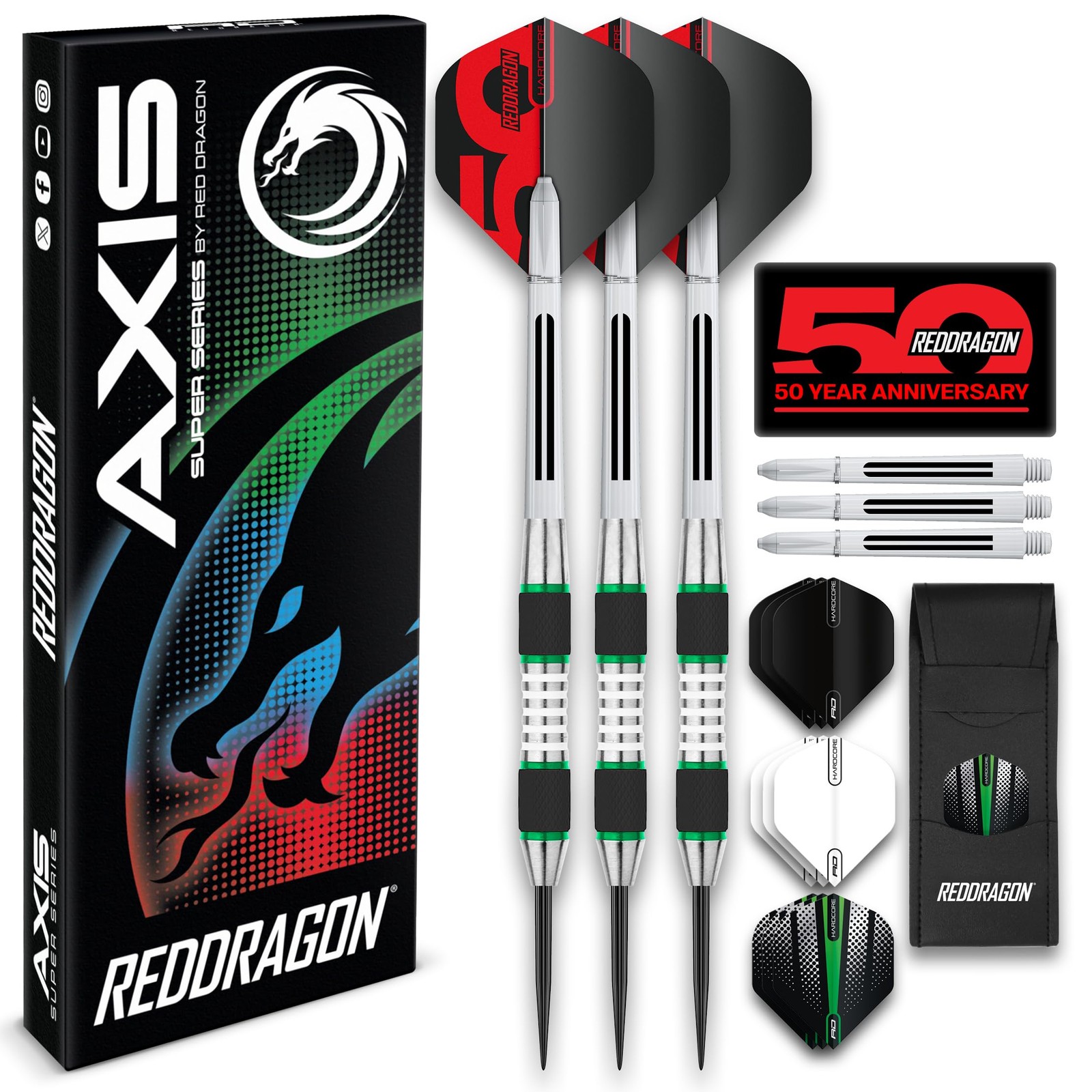 Red Dragon Axis Steel Tip Darts Set - 85 Tungsten Streamlined Barrels For