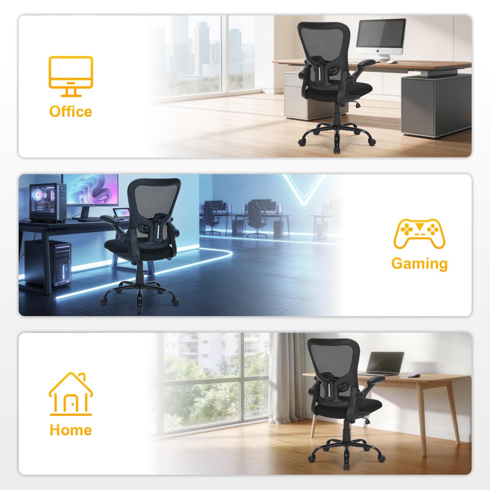 Ergonomic Mesh Office Chair, Adjustable Lumbar Support, Flip-Up Arms, Rolling...