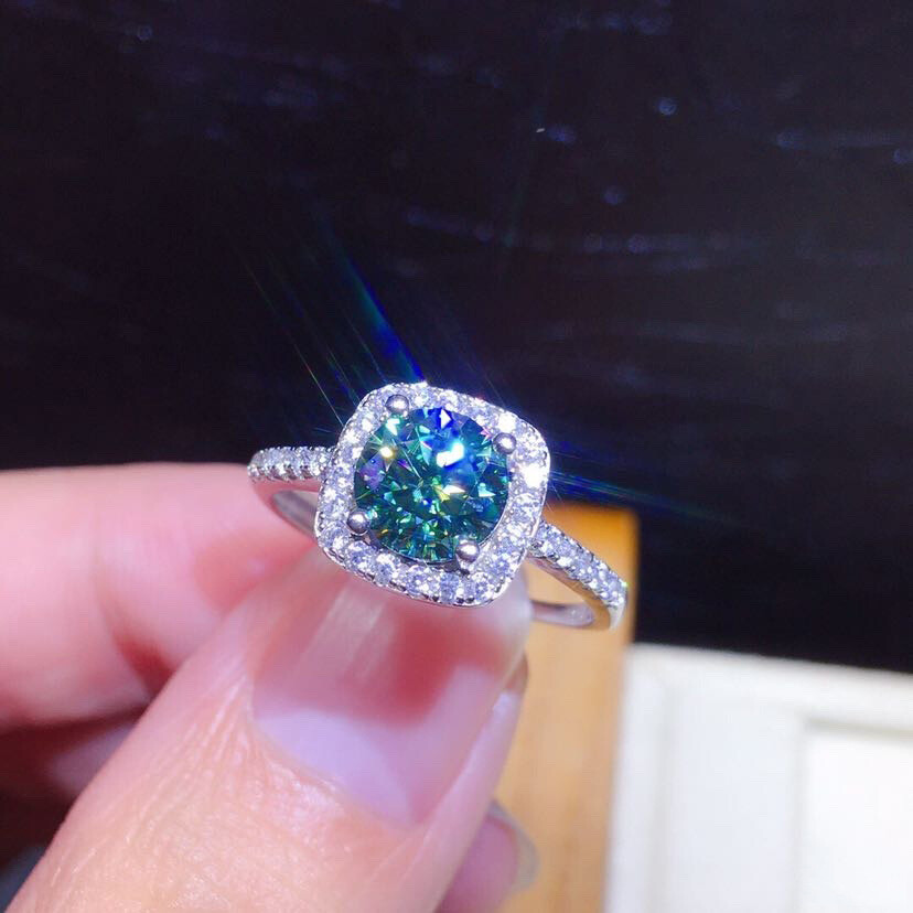 Gorgeous Classical Round Blue Green Moissanite Gems Silver Charm Adjustable Ring