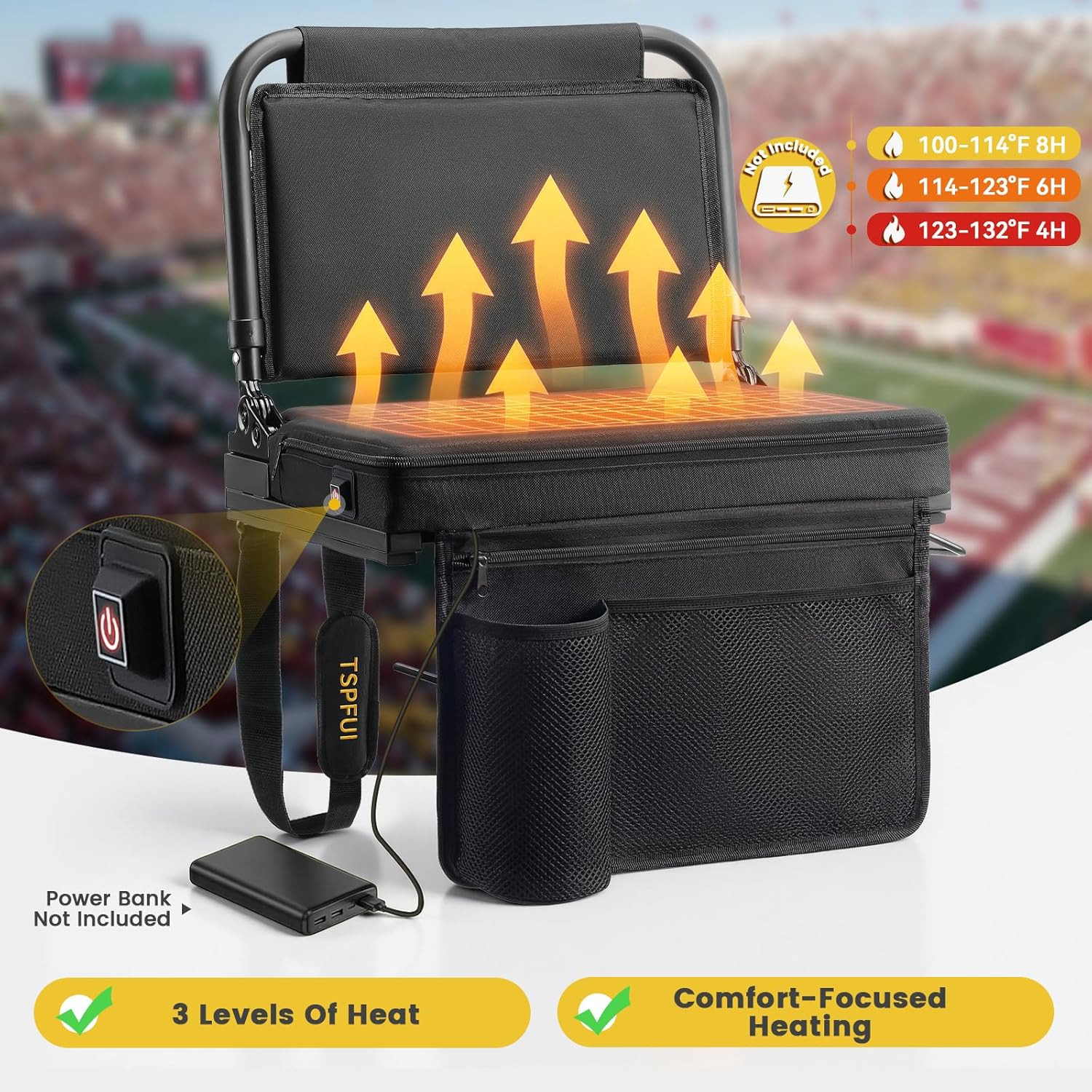Heated Stadium Seat with Back Support Foldable Bleach Chair,Portable 90-180 °Ang